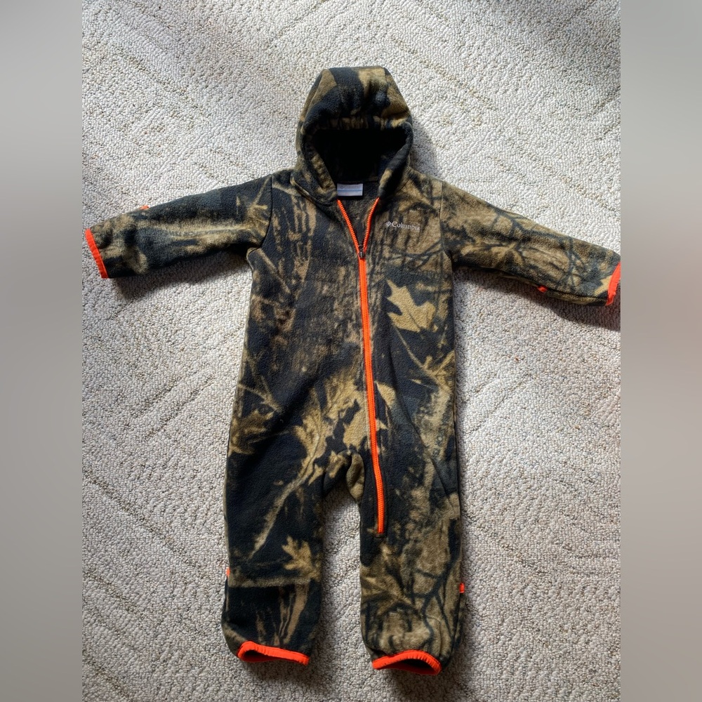 Camouflage Hooded Baby Onesie with Orange Accents